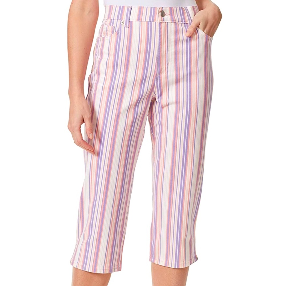 GLORIA VANDERBILT Amanda Capri SIZE 16 Ribbon Pink Stripe Cropped Denim Pant NWT